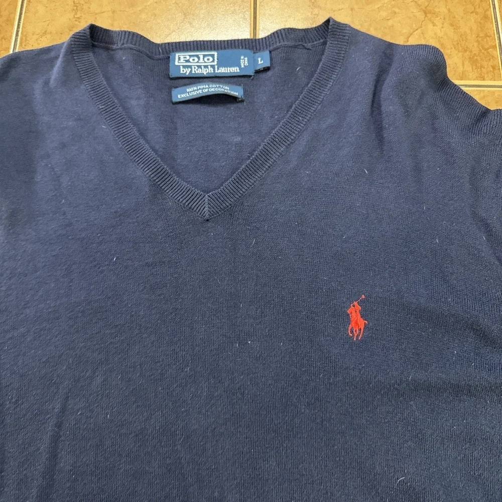 Polo Ralph Lauren Mens Sz Large V-Neck Pullover Blue Pima Cotton Sweater